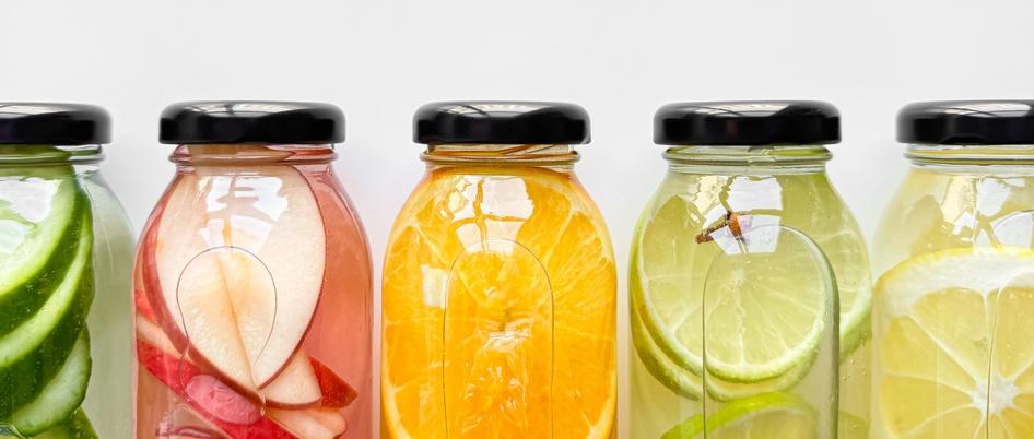 Infused water in bottles with various ingredients such as culinary aromatic herbs and fruits