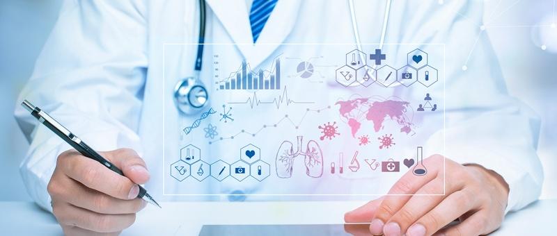 Assorted blue and white pharmaceutical pills and capsules on a blue surface with medical icons in hexagonal shapes.